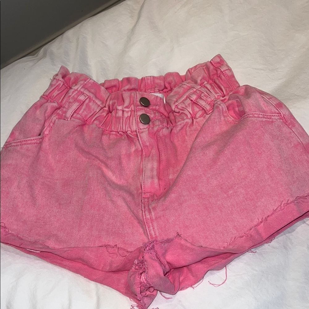 High Waist Pink Shorts with Ruffled Waistband